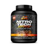 A black container of Nitrotech Ripped 4lbs by MuscleTech, a popular whey protein in Pakistan, features a Low-Fat Lean Whey Protein label, milk chocolate flavor, with 30g protein and 350mg weight loss complex per serving.